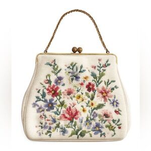 1950s–60s Christine Custom Bags Floral Needlepoint Evening Bag, Gold-Tone Chain